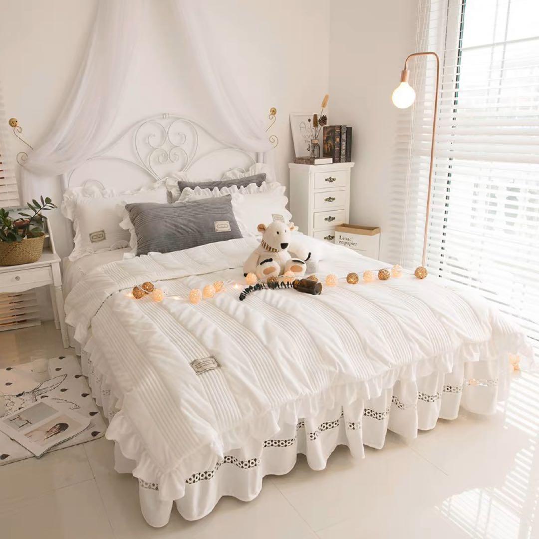 ホワイト コットン フリル付き セミダブルカバーセット