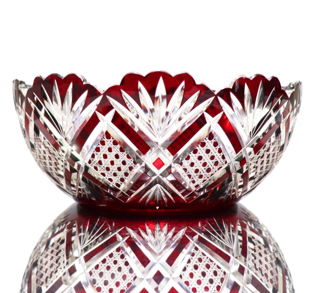 オールド・バカラ 1890年 美術館級 大型赤色被せ切子丸鉢 アートピース茶道具