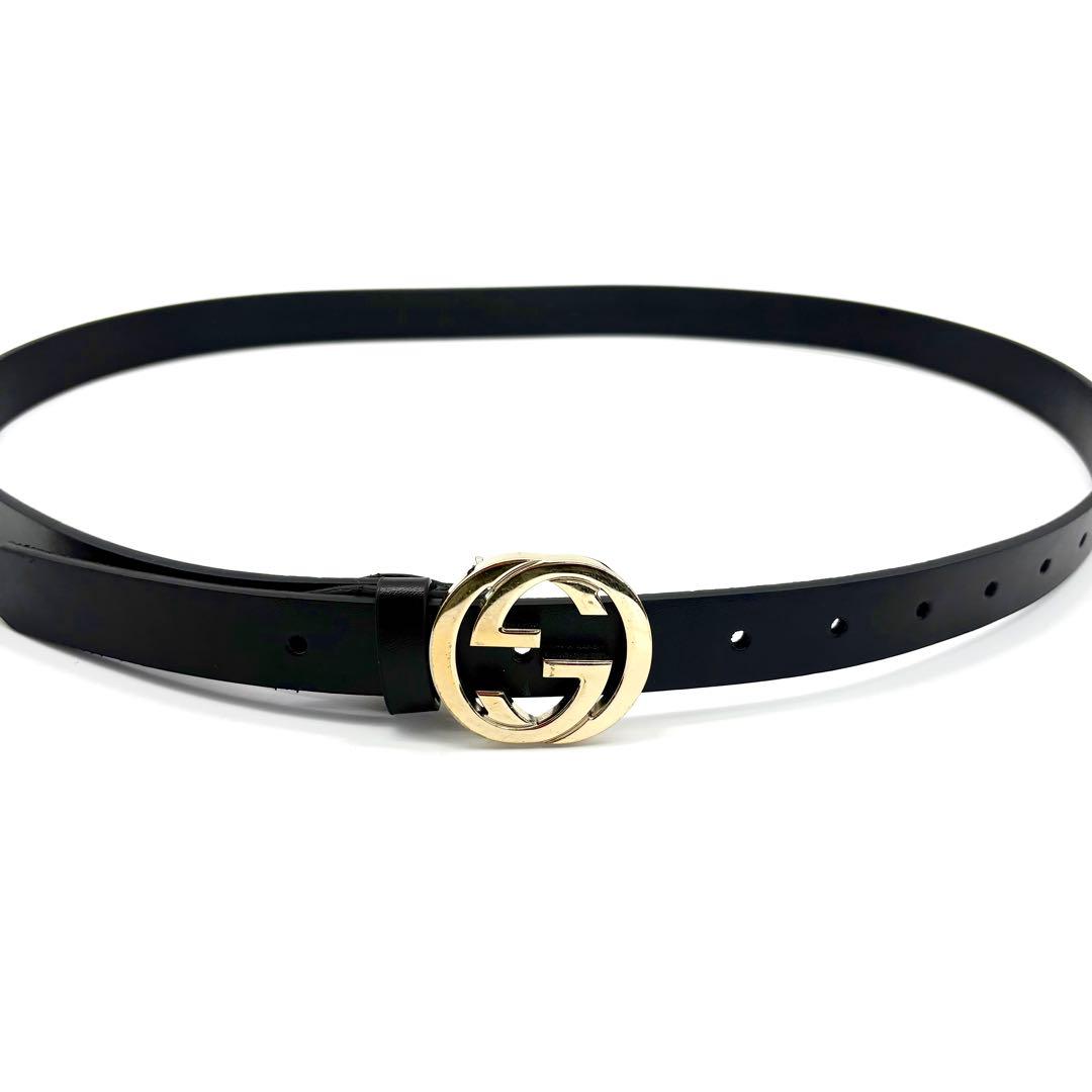 【美品】GUCCI ベルト インターロッキング 黒 ゴールド ダブルGG レザー