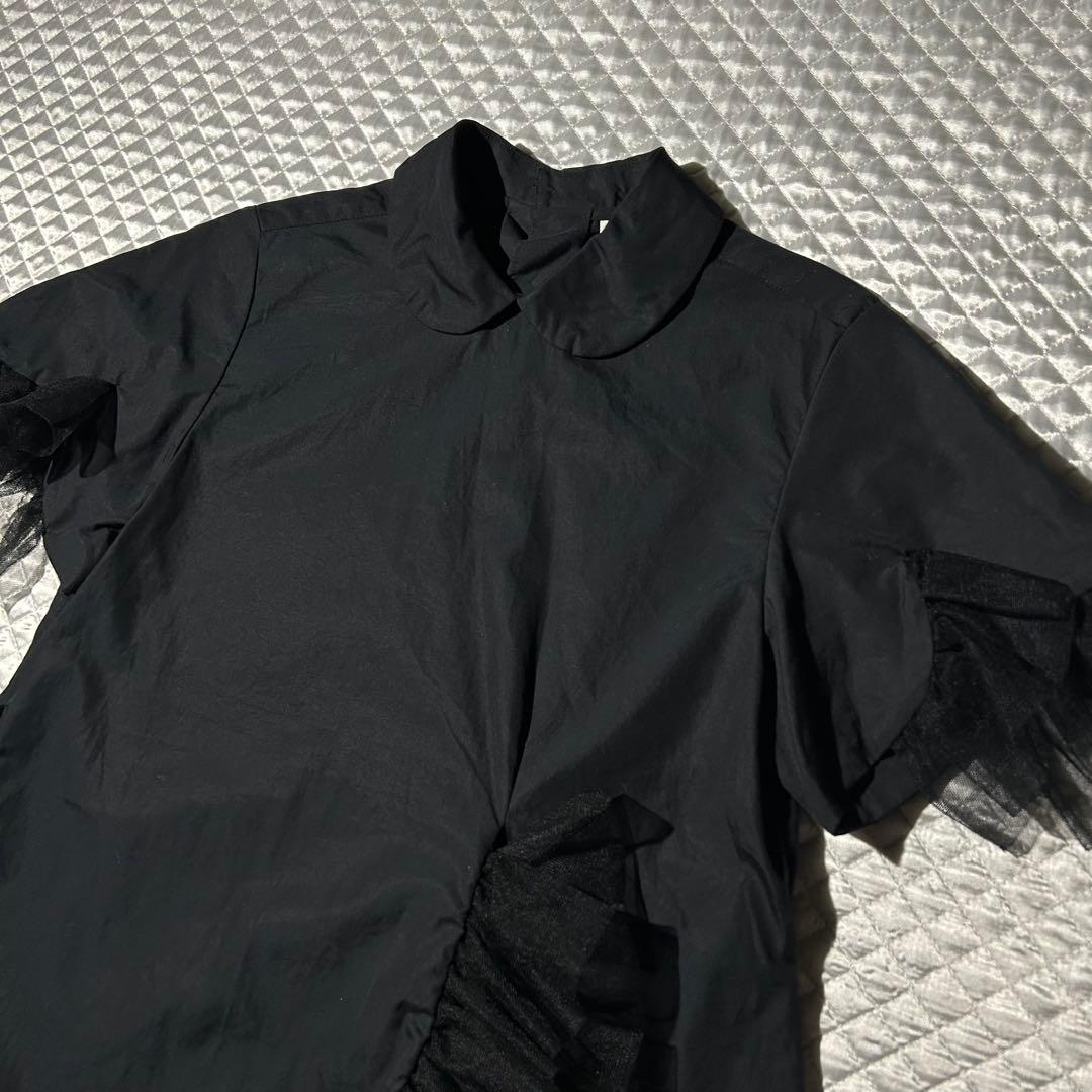 AD2022 23SS チュールフリルデザイン丸襟半袖ブラウス 黒