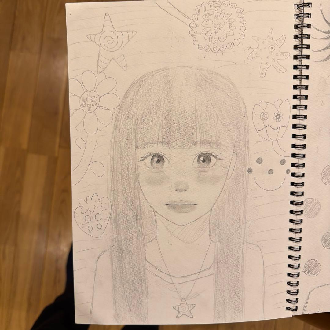 少女と花の手描きイラスト A4