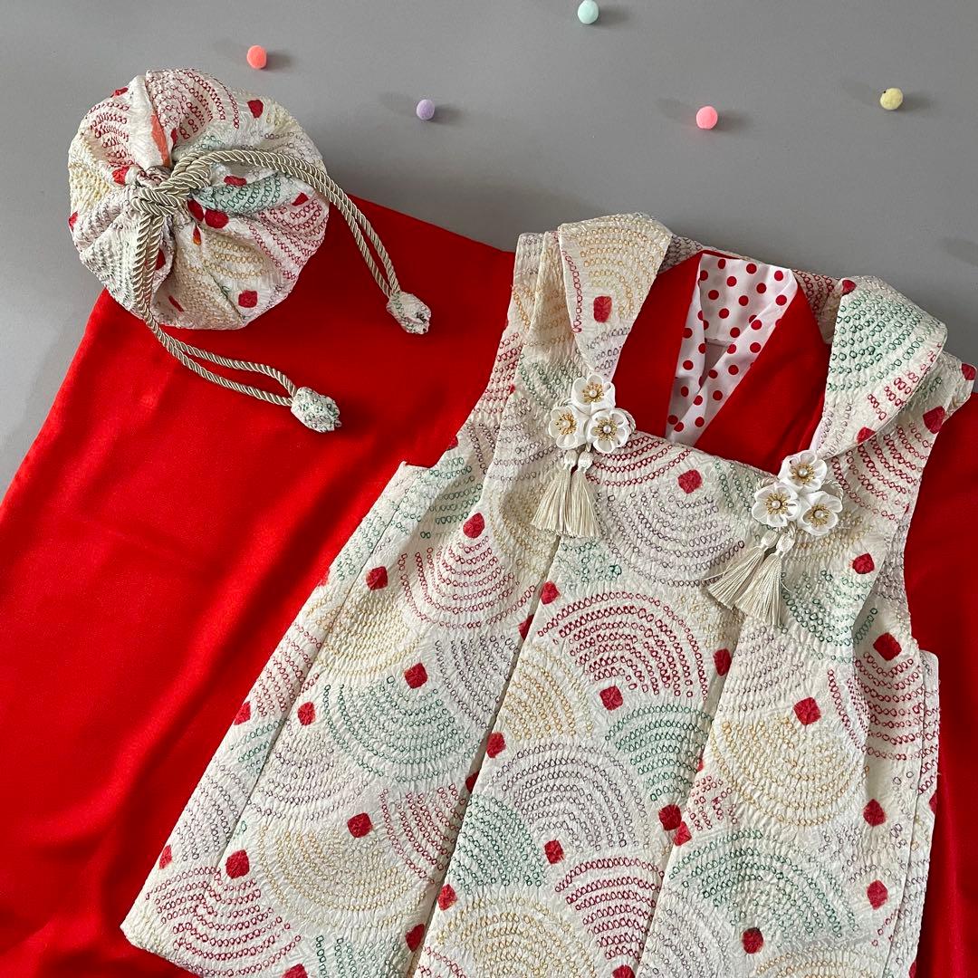 美品　七五三　3歳　お着物セット　正絹赤色無地　総絞りの被布　草履　巾着セット