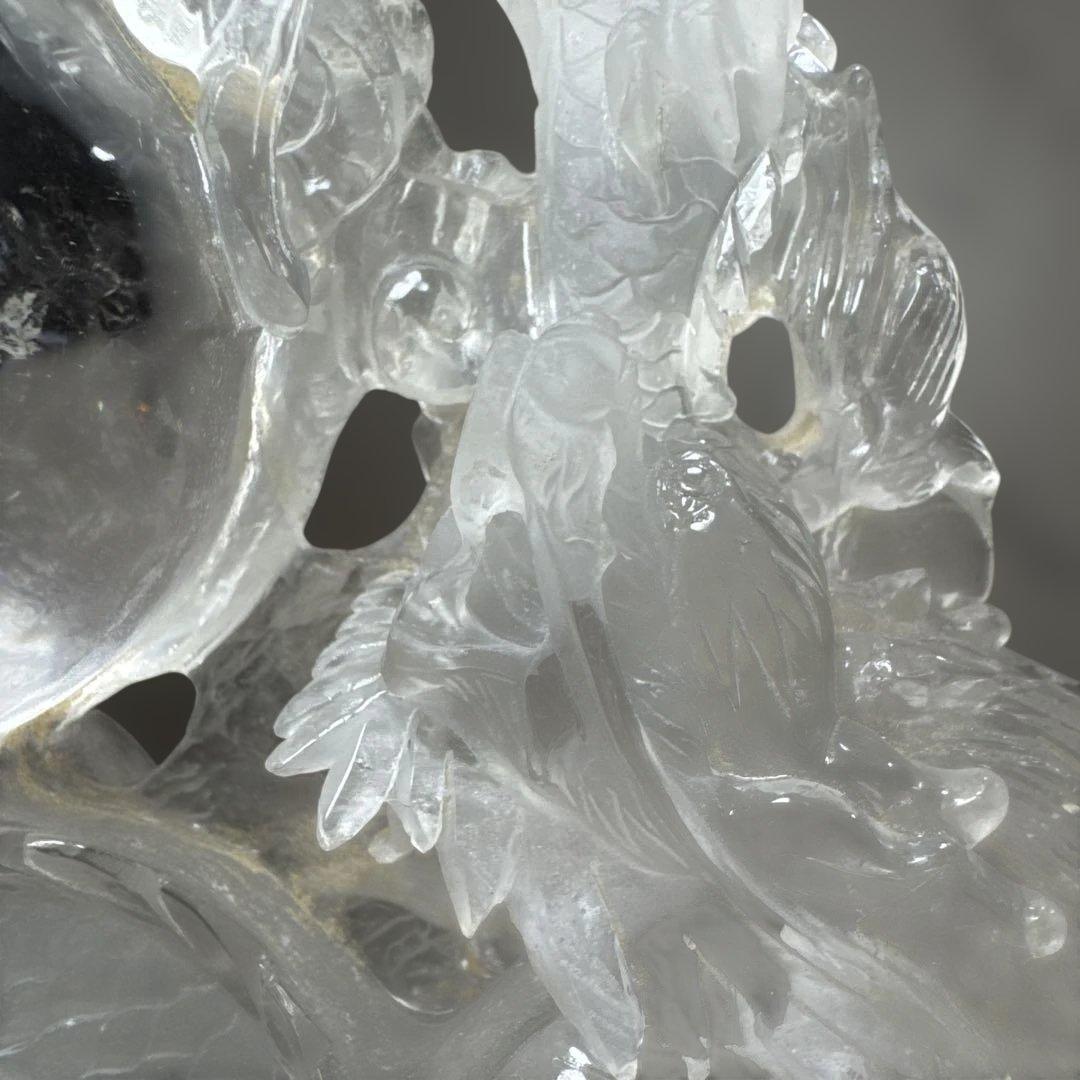 【圧巻3.1kg】天然水晶 双龍彫刻 台座付 巨大玉持ち 置物