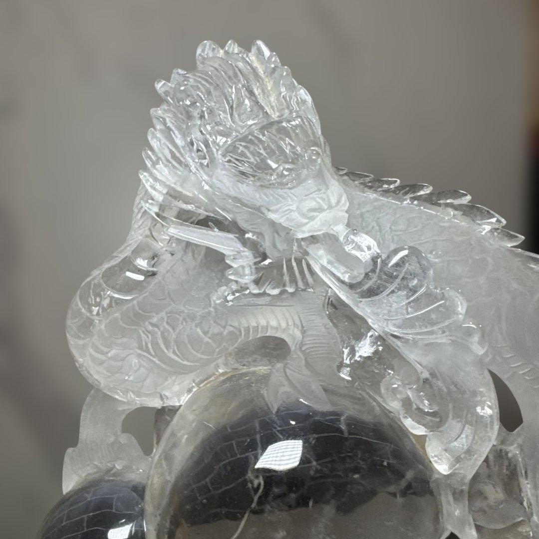 【圧巻3.1kg】天然水晶 双龍彫刻 台座付 巨大玉持ち 置物