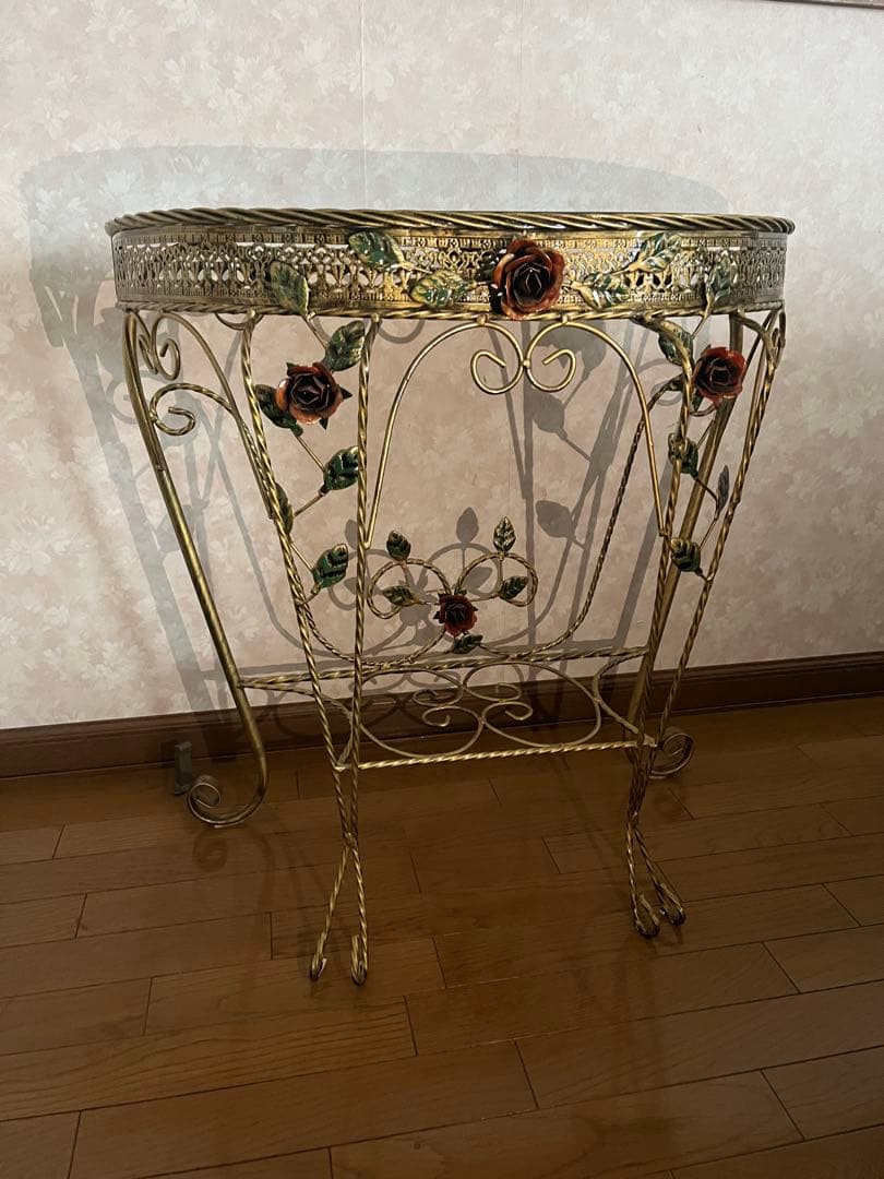 バラガラステーブル、バラアイアンテーブル、花台、フラワーテーブル ローズテーブル