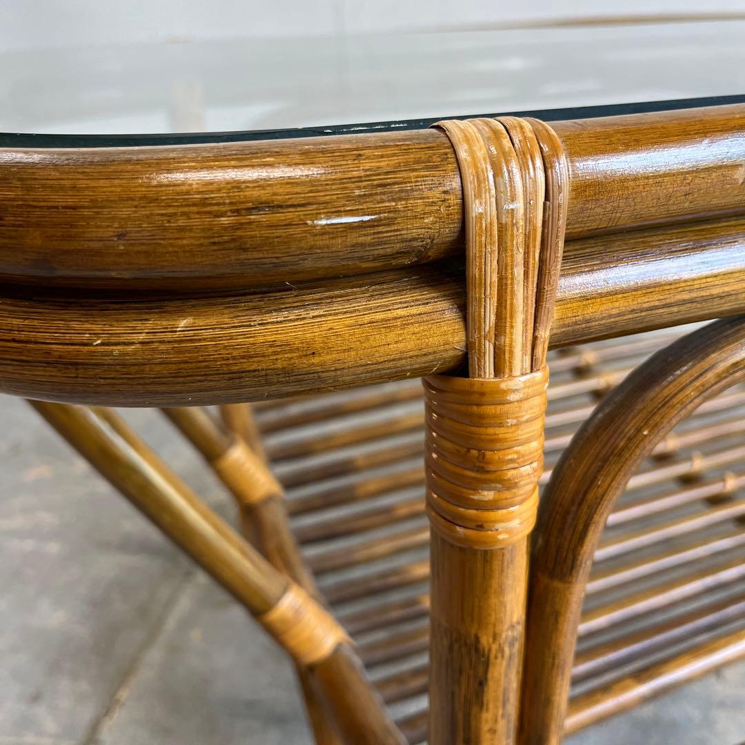 ヴィンテージ ラタン 籐 ガラス テーブル 昭和レトロ z606