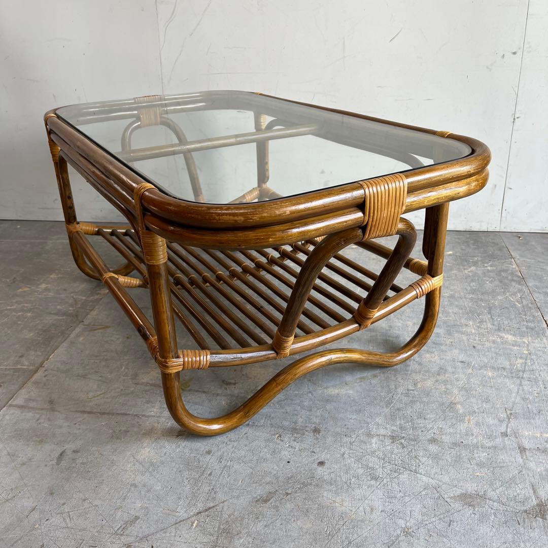 ヴィンテージ ラタン 籐 ガラス テーブル 昭和レトロ z606