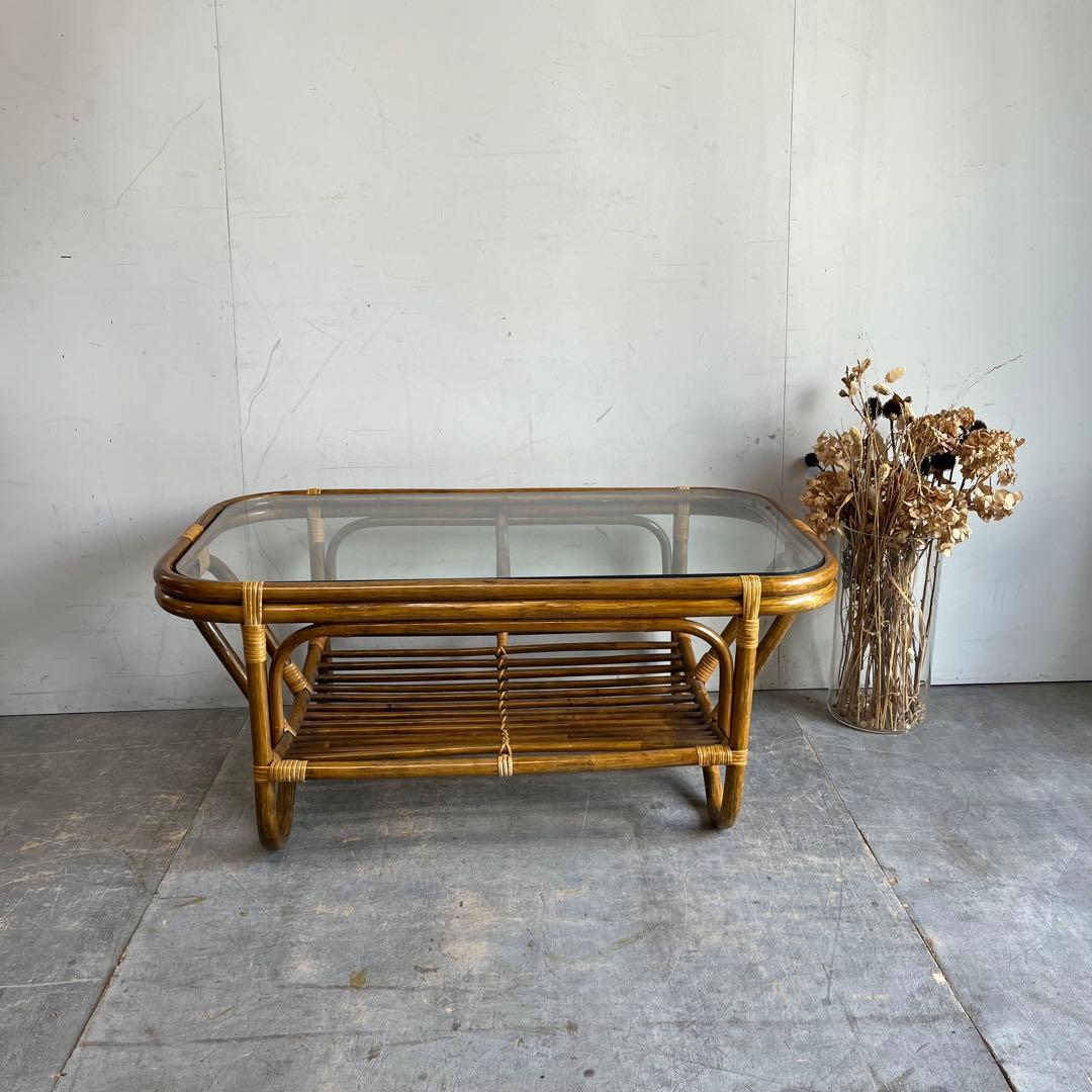 ヴィンテージ ラタン 籐 ガラス テーブル 昭和レトロ z606