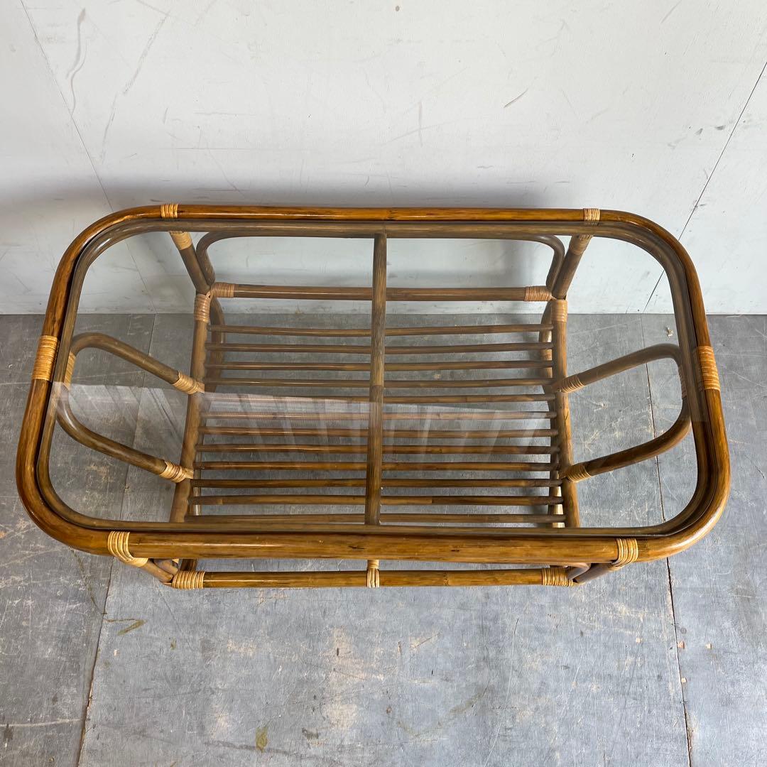 ヴィンテージ ラタン 籐 ガラス テーブル 昭和レトロ z606