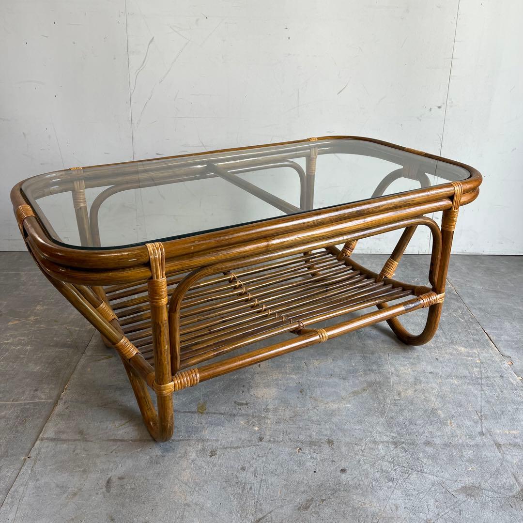 ヴィンテージ ラタン 籐 ガラス テーブル 昭和レトロ z606