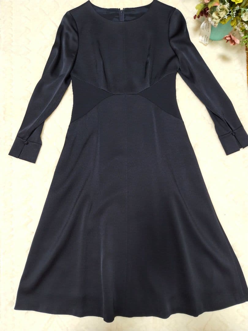 アナイ 38 トリアセテートサテンフレア　ワンピース　ネイビー　ANAYI　長袖