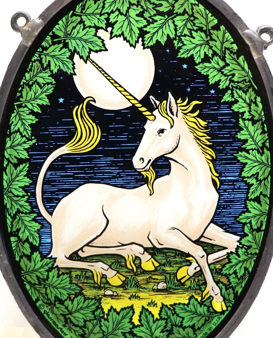 満月の夜に佇むユニコーン ヴィンテージステンドグラス タペストリー ティファニー