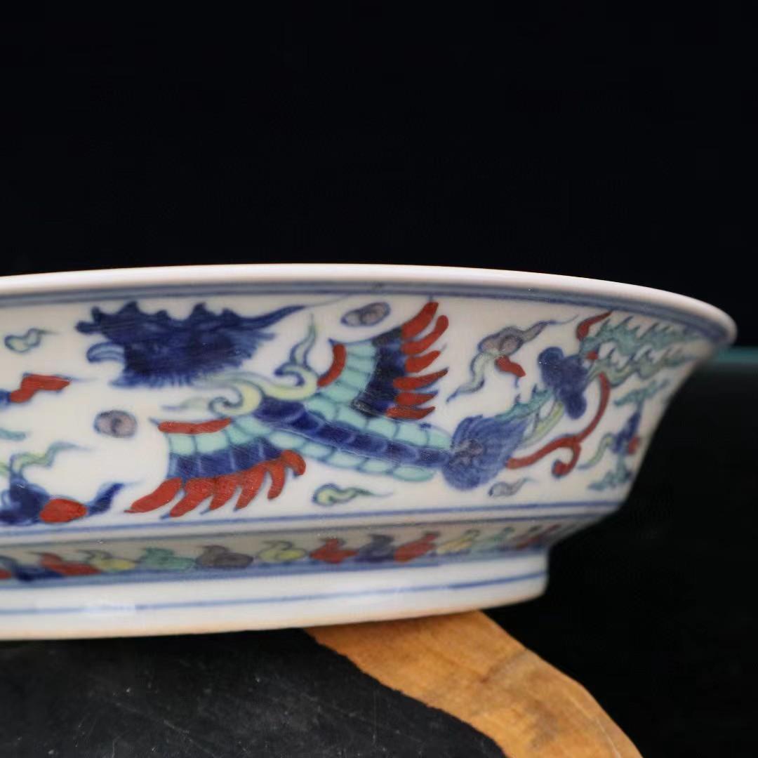 中国古美術✦大明成化紋 斗彩 双鳳呈祥図紋 観賞盤✦置物・文房具・陶芸・観賞皿