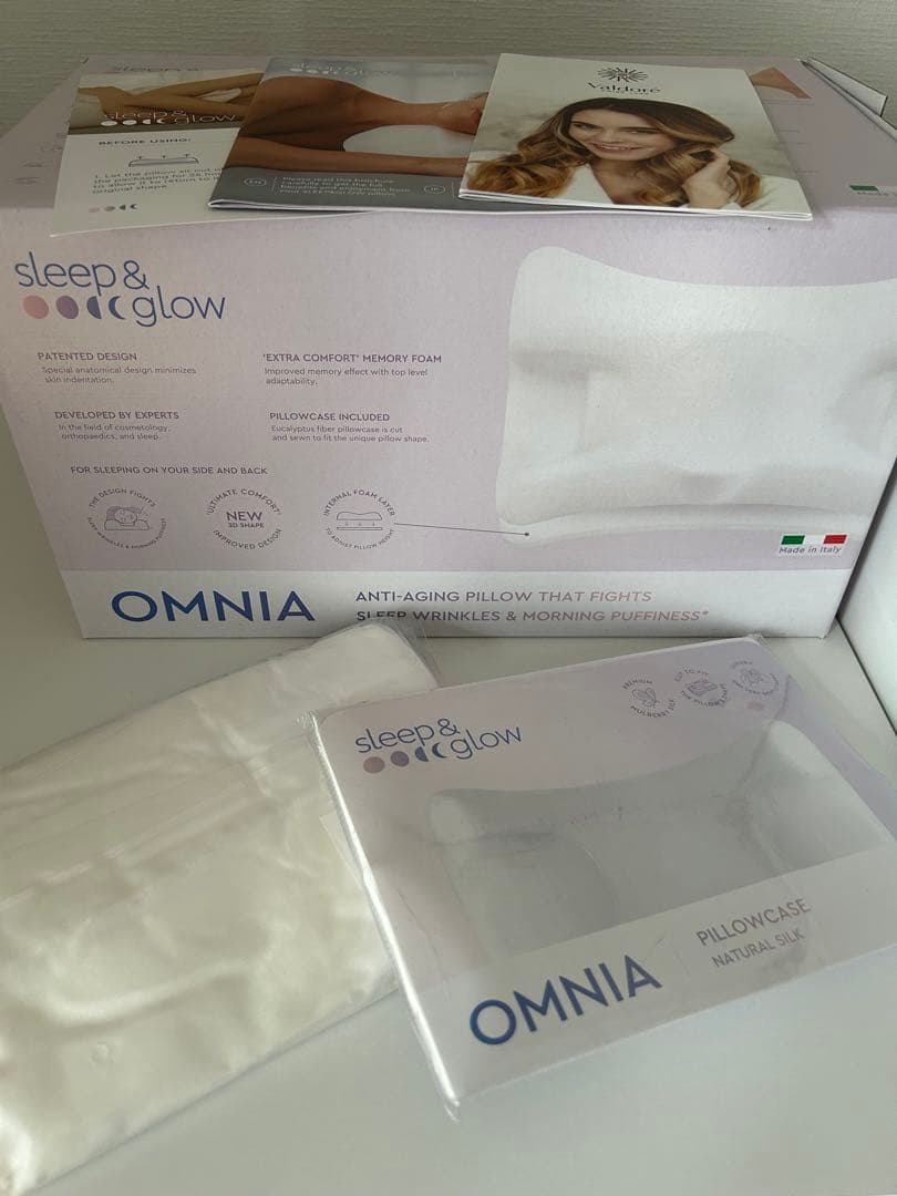 顔のシワやむくみを軽減する枕sleep&glow オムニア枕&シルク製枕カバー