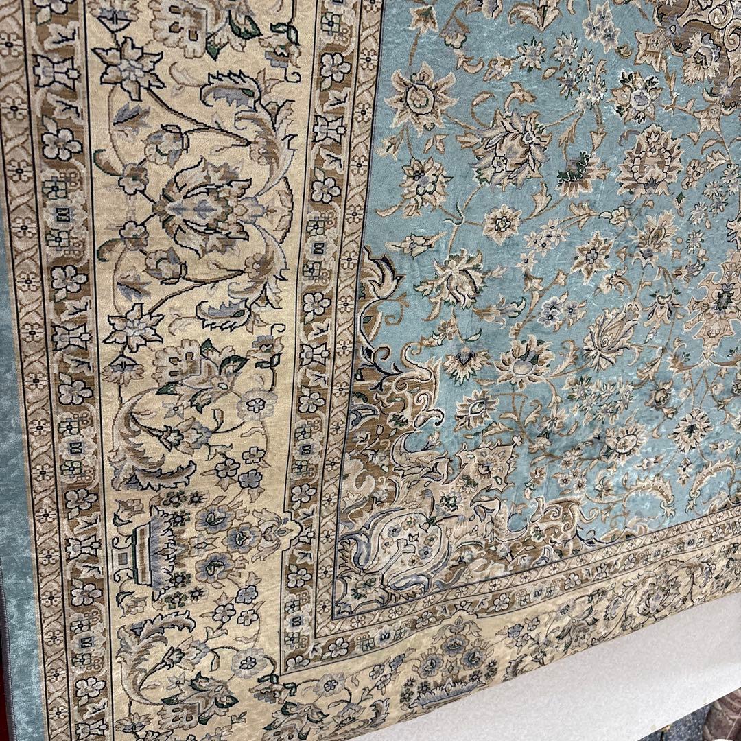 新品　ペルシャ風柄プリントアクセントラグ　200×250cm ライトブルー