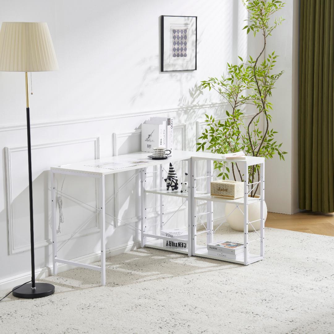 【ホワイト】一体分離多用型パソコンデスク ラック付 ワークデスク 木製 学習用