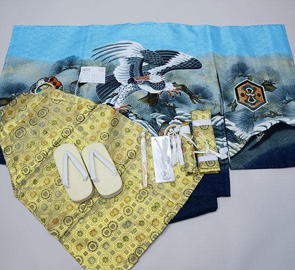 七五三 五歳 男児 羽織袴フルセット 水色 鷹 袴変更可能 NO34372