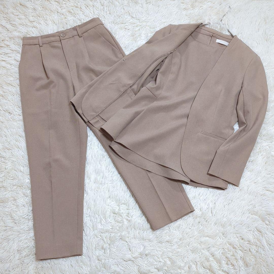 美品 エニィスィス 0 ノーカラー パンツスーツ ブラウス 3点セット ベージュ