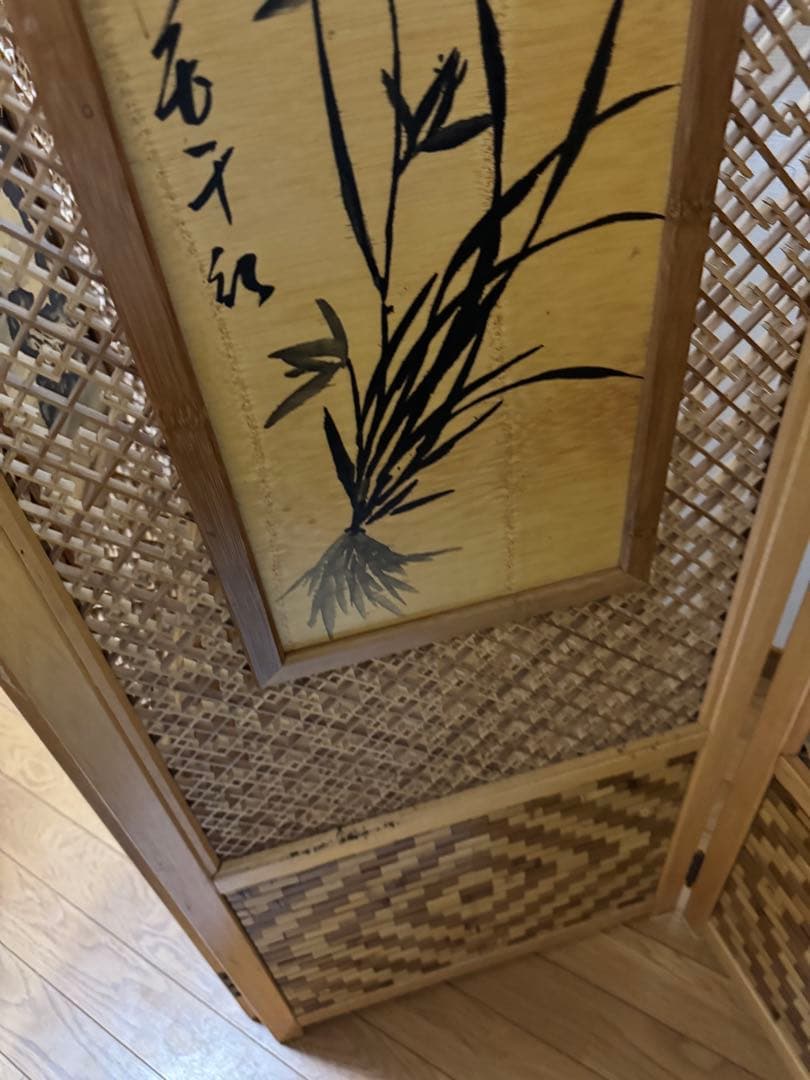 昭和レトロ 木竹製格子型屏風 日本画 春夏秋冬草花 4枚 パーテーション 衝立