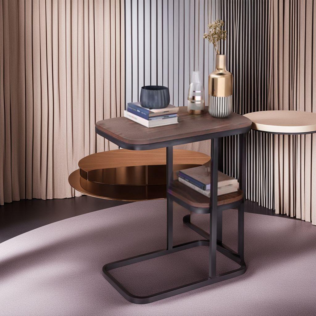 モダンアイアン＆木目コ字サイドテーブル - 多用途デザイン
