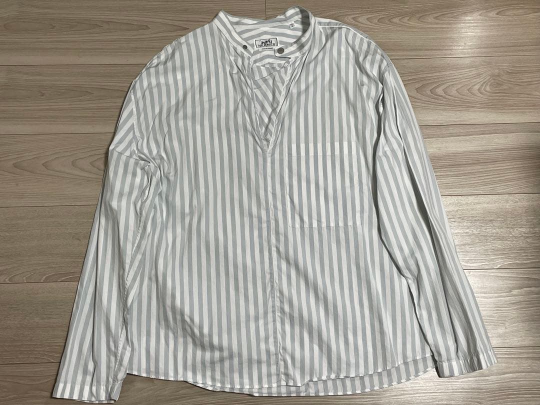 エルメス HERMES ノーカラー プルオーバーシャツ カットソー42ストライプ