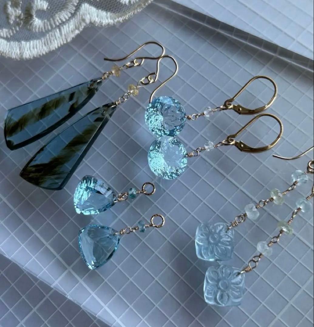 専用❣️宝石質ブルートパーズ　ルースカービング＆ベリルのピアス他　14kgf