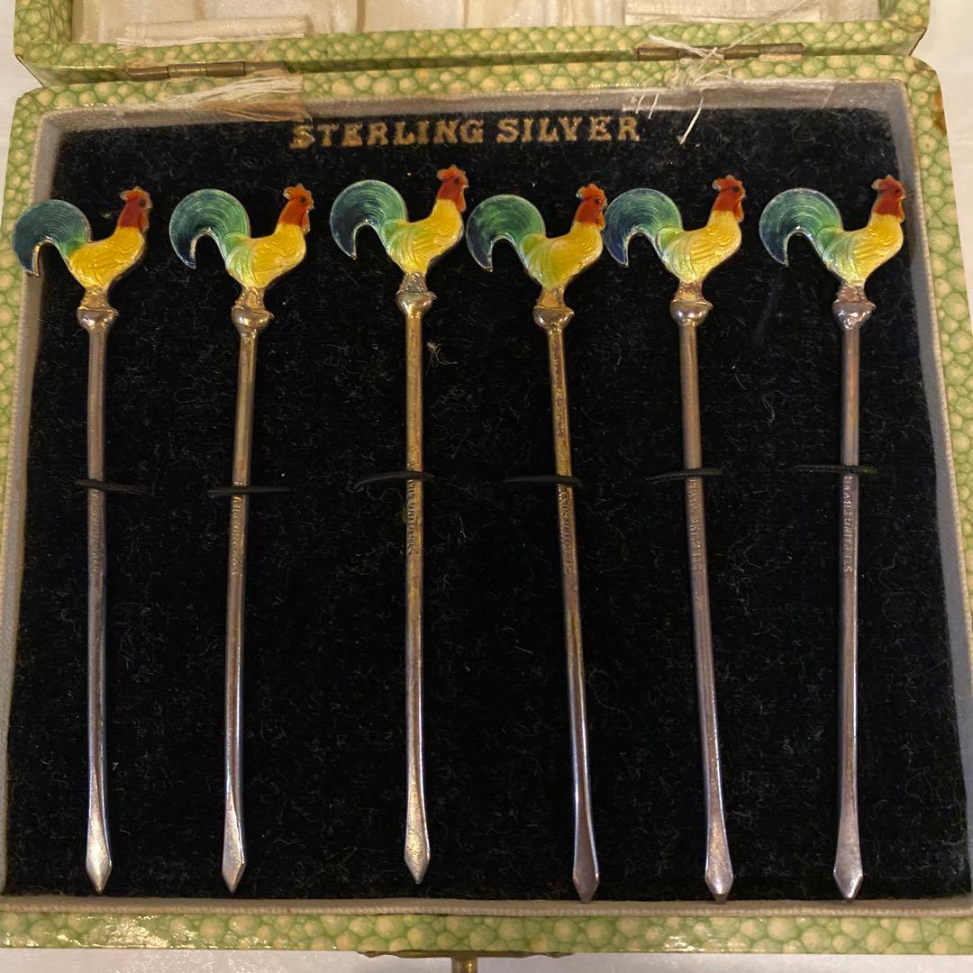 値下げ　スターリングシルバー 七宝焼　エナメル　鶏 フルーツピックオリーブピック