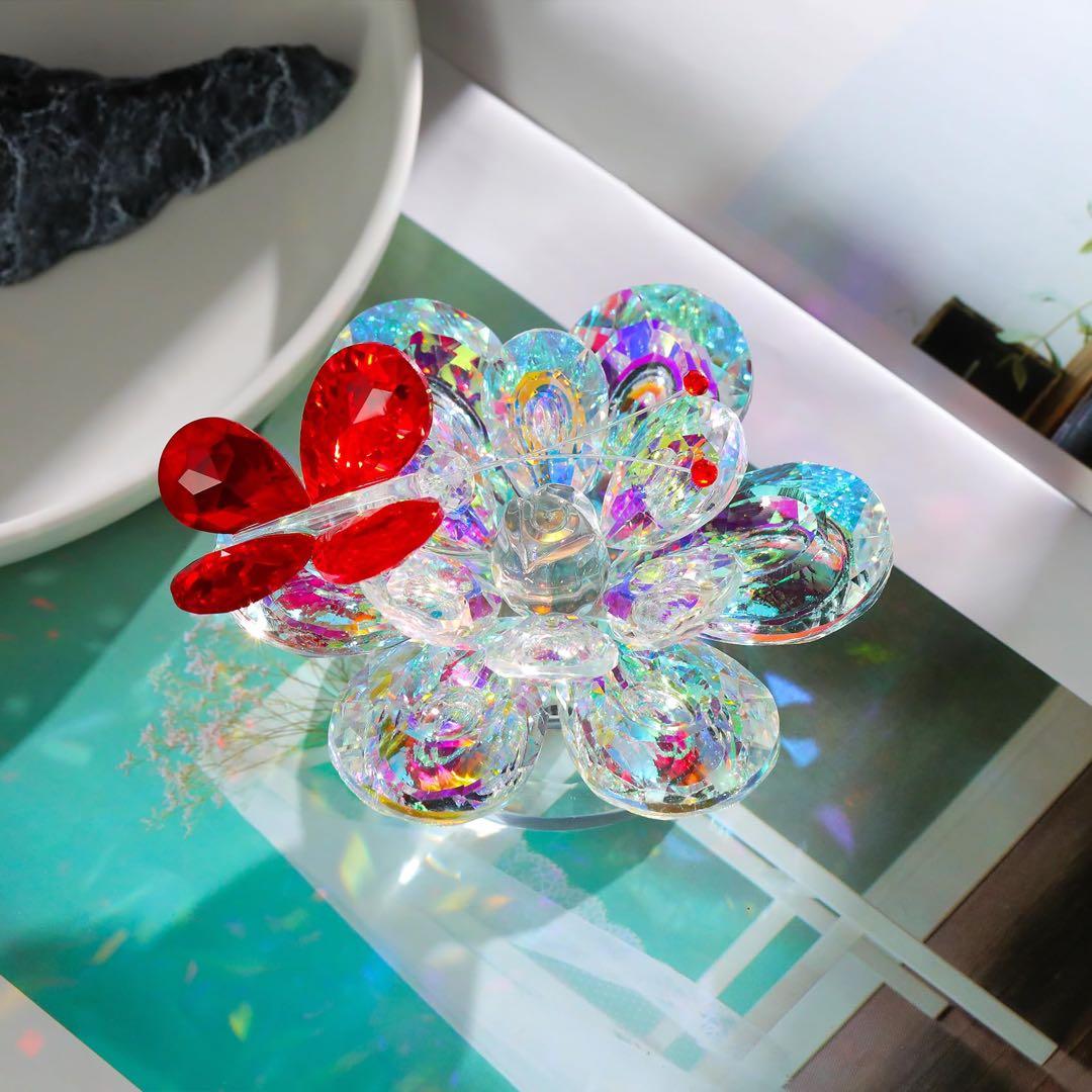 クリスタルクリアフラワー 赤い蝶の置物 ギフト 女性用 ガラス蓮の花 開運 風水