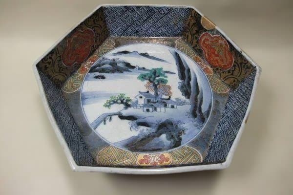 伊万里 色絵 山水 蛸唐草 六角 二重高台 金継 骨董 時代物