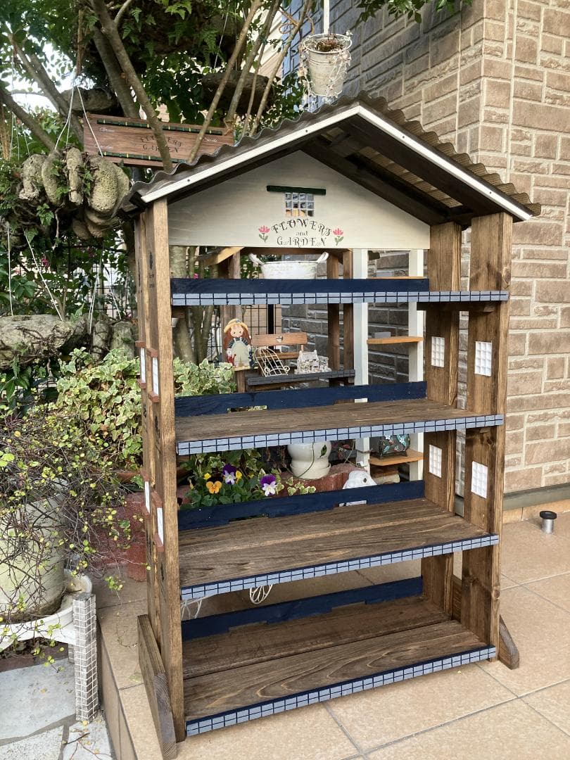 No24 三角屋根の簡単移動棚4段Flower end　Garden　brown