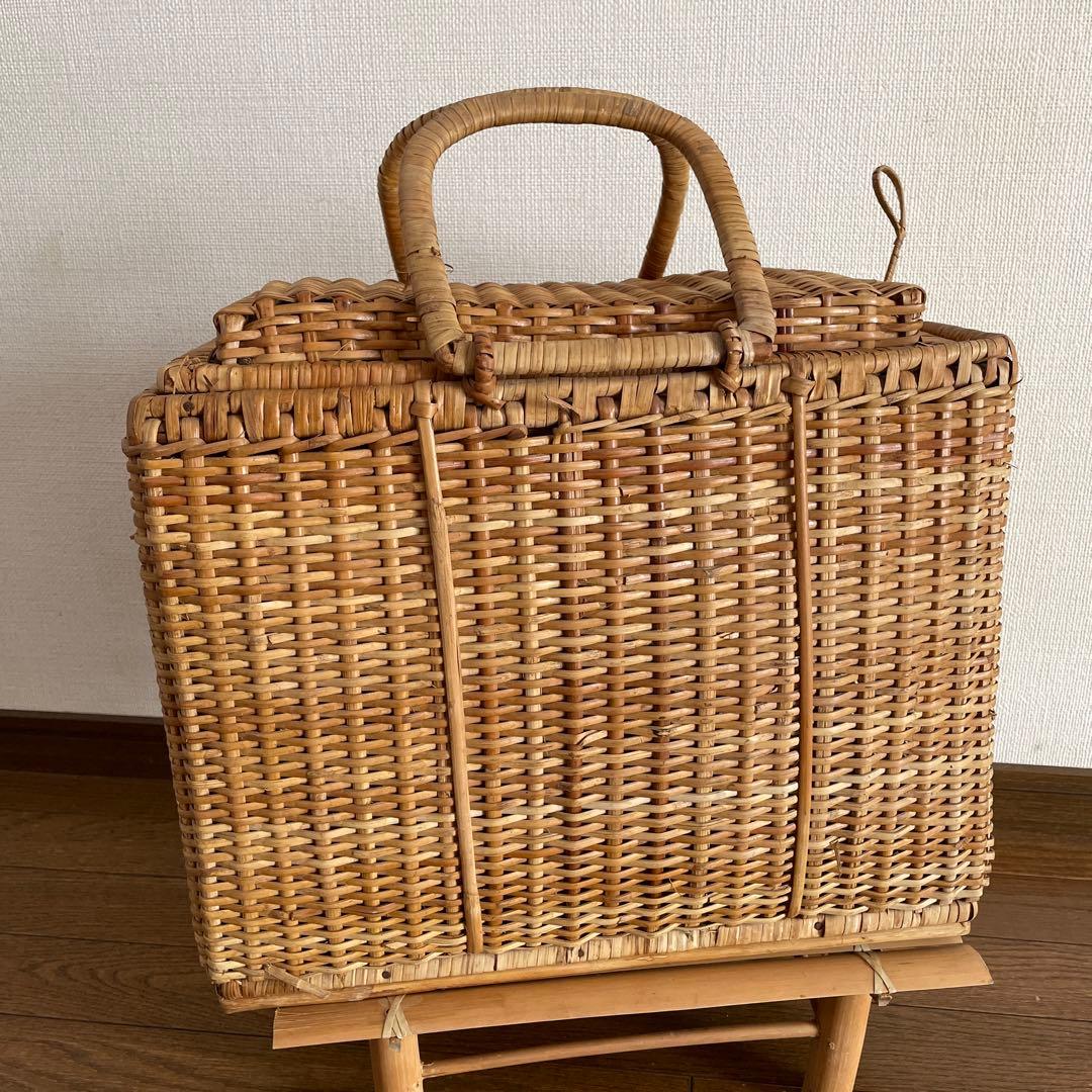 【希少】昭和レトロ ナチュラル色 蓋付き 大型 バスケット 竹製台付き