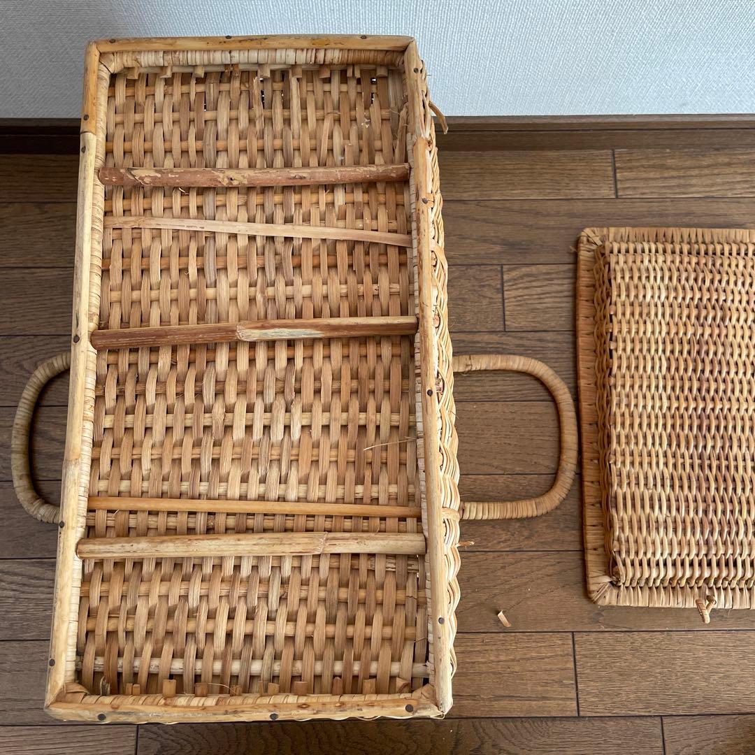 【希少】昭和レトロ ナチュラル色 蓋付き 大型 バスケット 竹製台付き