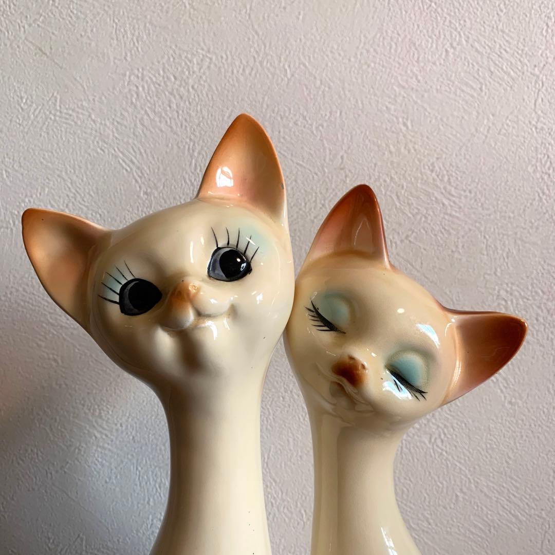 ネコの置物　ペア　陶器　レトロ　シャム猫　特大　猫　2体セット