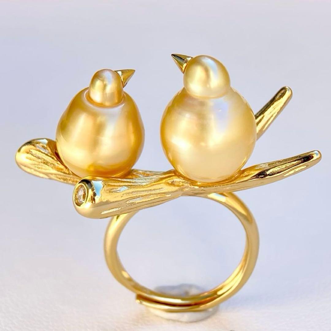 本真珠南洋白蝶真珠ゴールド&濃金s925「鳥と枝」リングY1005