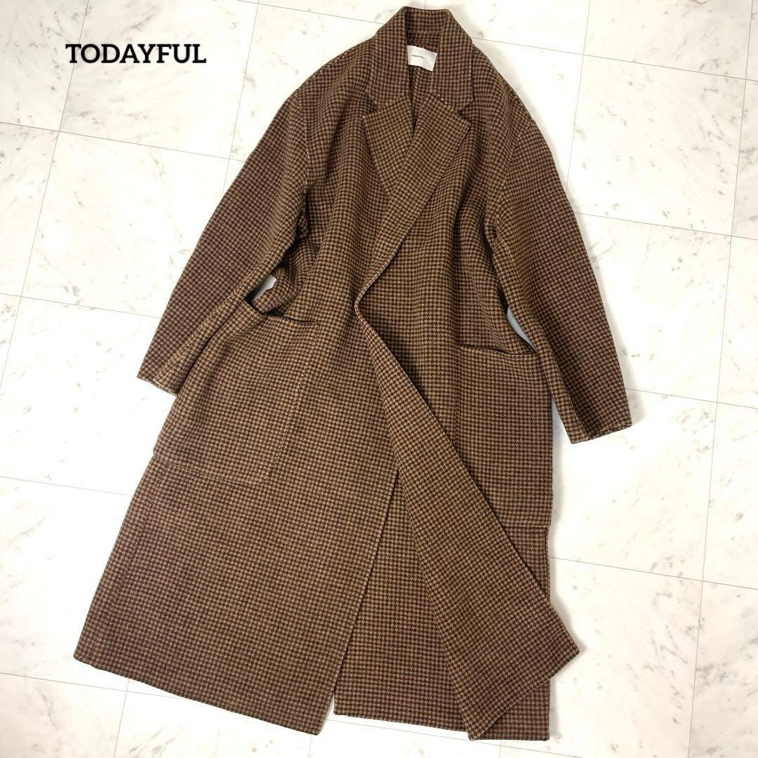 専用【美品】トゥデイフル オーバーチェックコート ウール ロング 38 茶