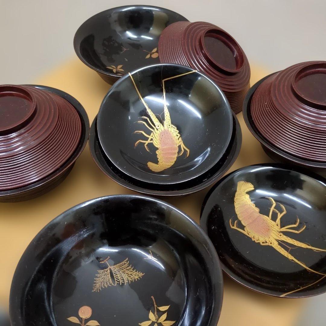 骨董　蓋付き椀　お椀　大振り　蒔絵　海老　若松　南天　木製　漆器　5つ〜