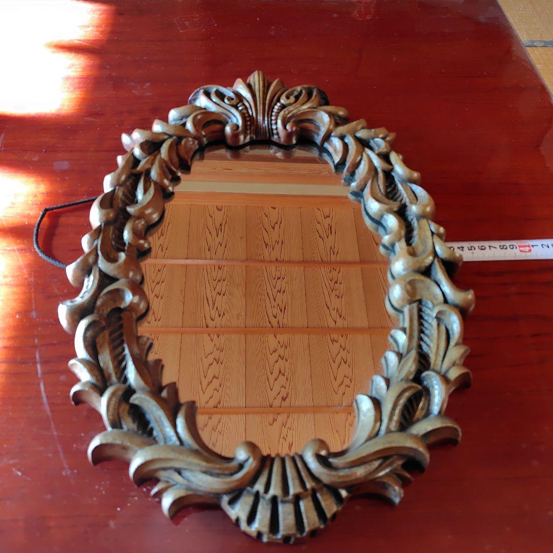 装飾的な木製オーバルミラー アンティーク 壁掛