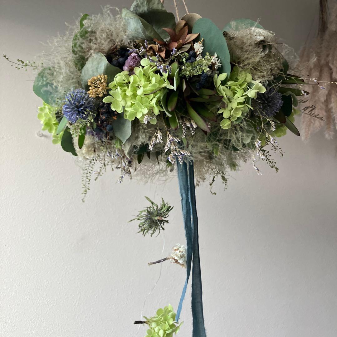 アナベルとルリタマアザミ、エリンジウムのフライングリース　リューカデンドロン