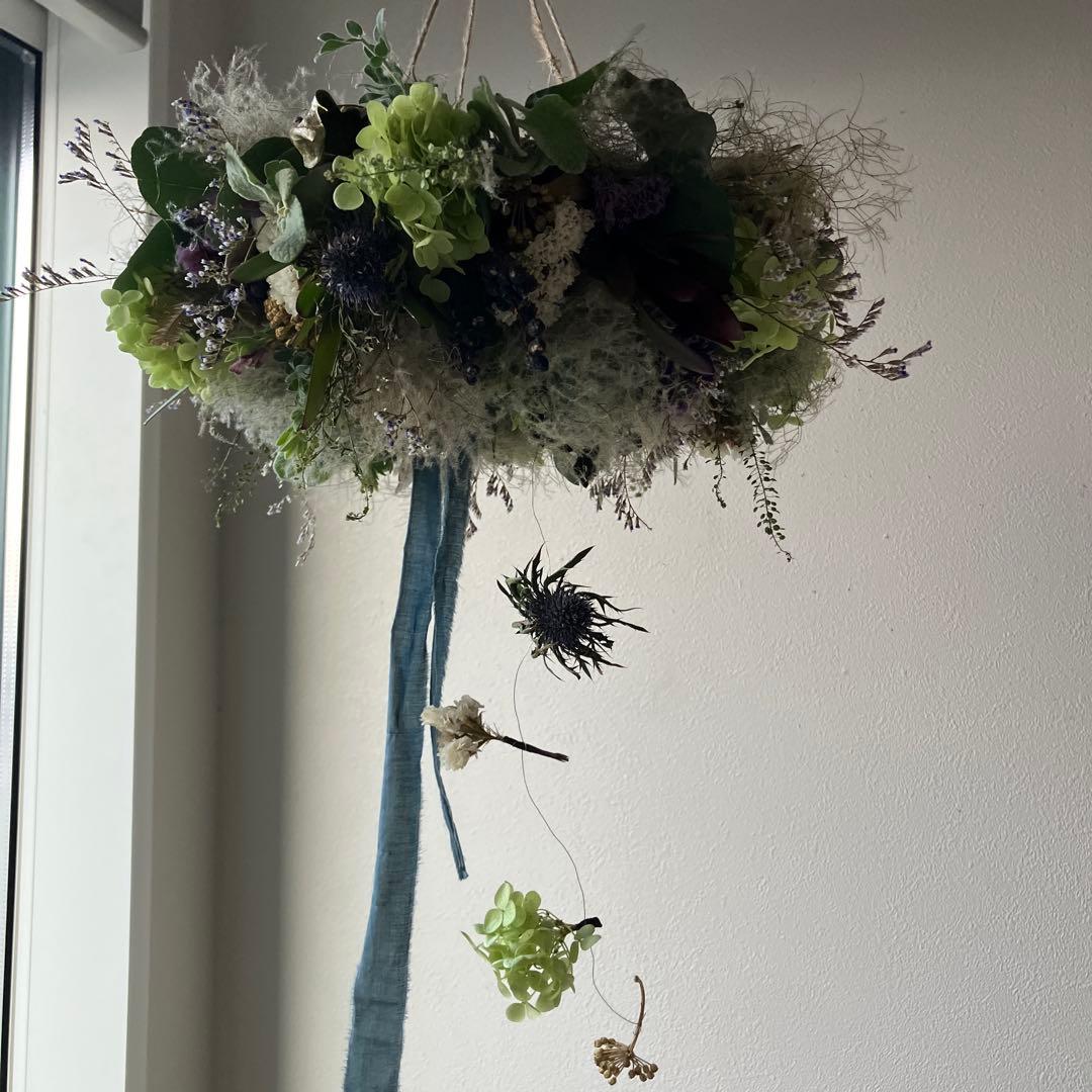 アナベルとルリタマアザミ、エリンジウムのフライングリース　リューカデンドロン