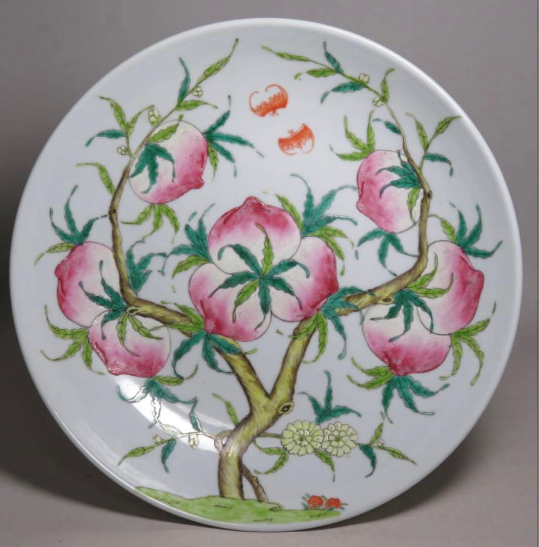 清時代　粉彩桃文盤　中国美術　骨董品保証