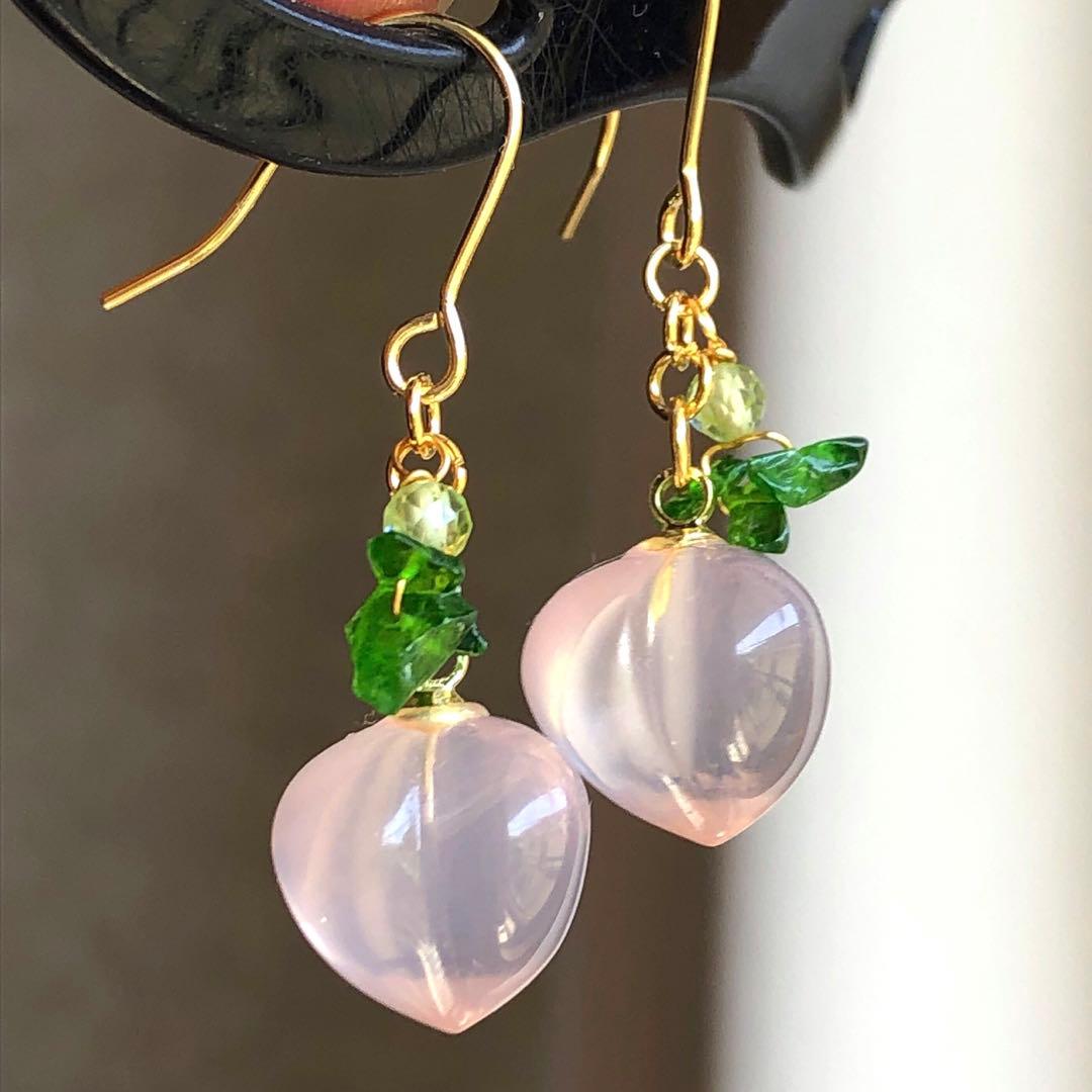 天然石♡もものピアス14kgf