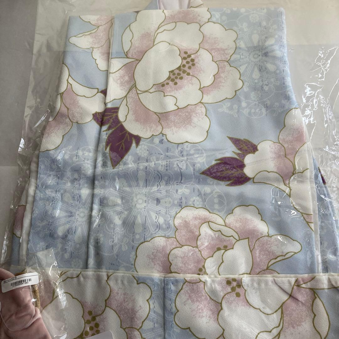 七五三 ３歳女の子 レース被布着物長襦袢草履バッグセットくすみカラー水色白ピンク