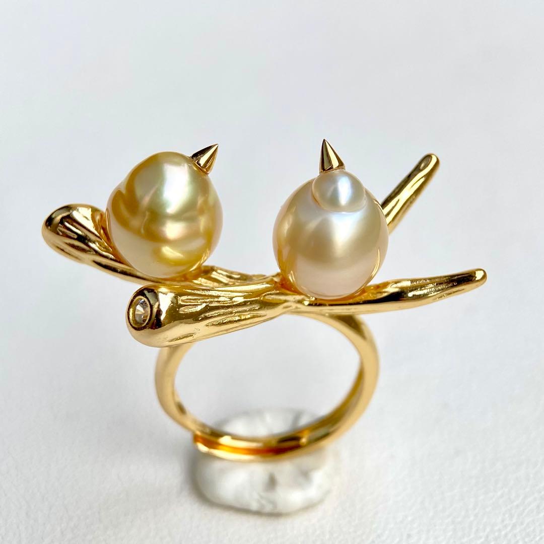 本真珠南洋白蝶真珠ゴールドと茶金「鳥と枝」s925リングY1055