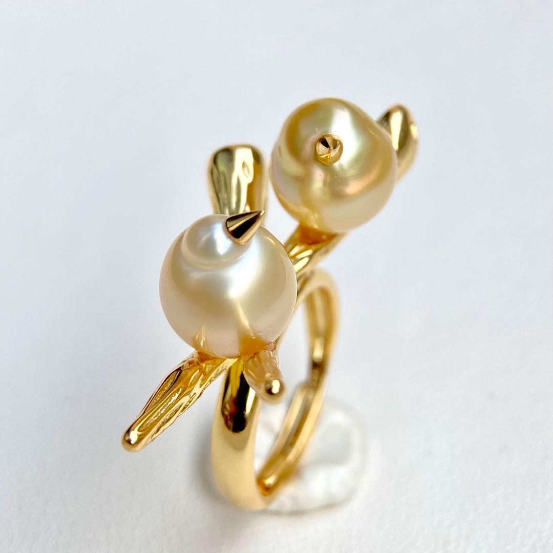 本真珠南洋白蝶真珠ゴールドと茶金「鳥と枝」s925リングY1055