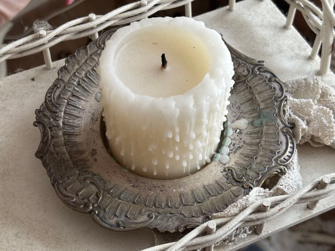 フランスアンティーク　プレート　キャンドル　セット　みつろう　メタル