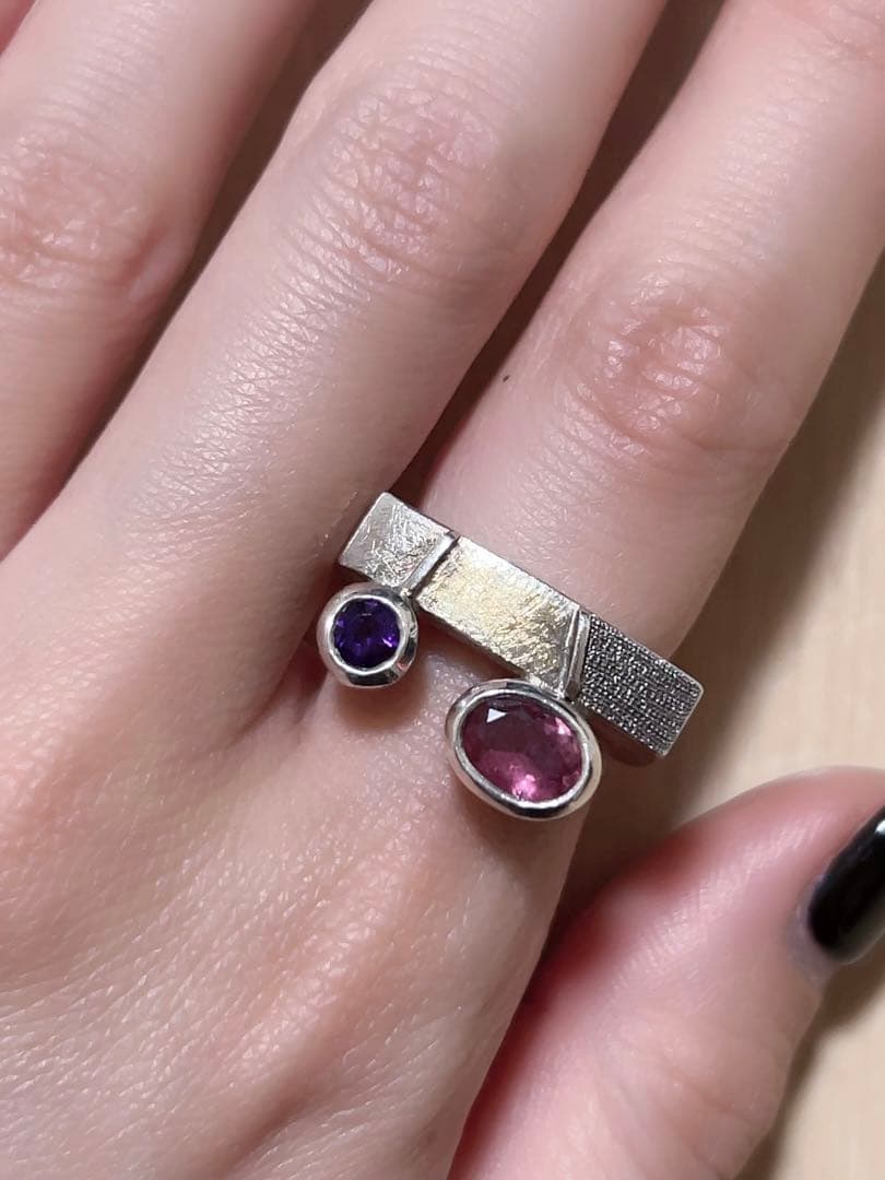 シルバー925 18金　ピンクトルマリン　アメジストリング