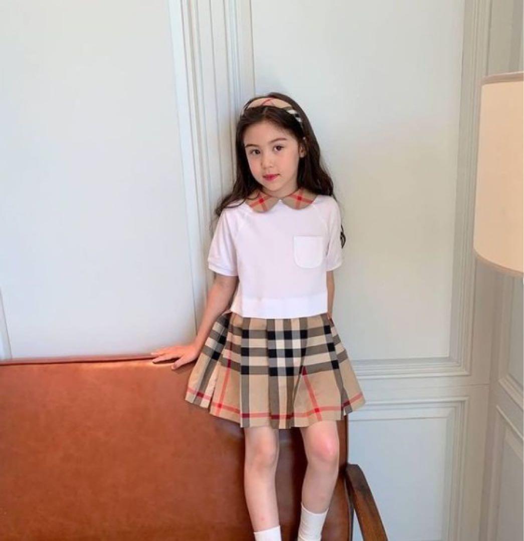 未使用　バーバリー　襟付き　ドッキングワンピース　チェックスカート　半袖　18m