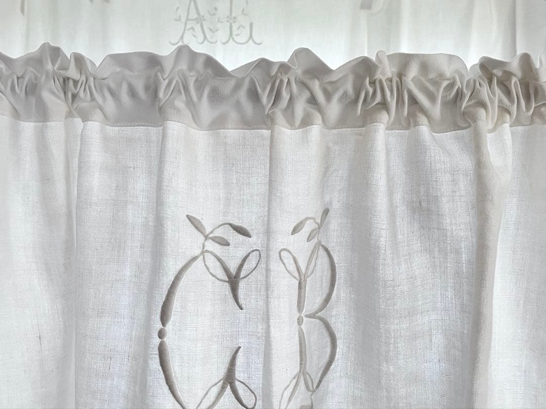【美品】フランスアンティーク CB手刺繍 ホワイトフリルカフェカーテン 3376