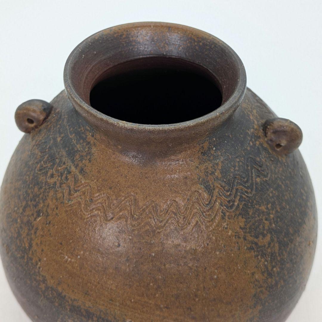 岡山県重要無形文化財 伊勢崎満 備前焼 耳付扁壺花生 共箱 花器 フラワーベース