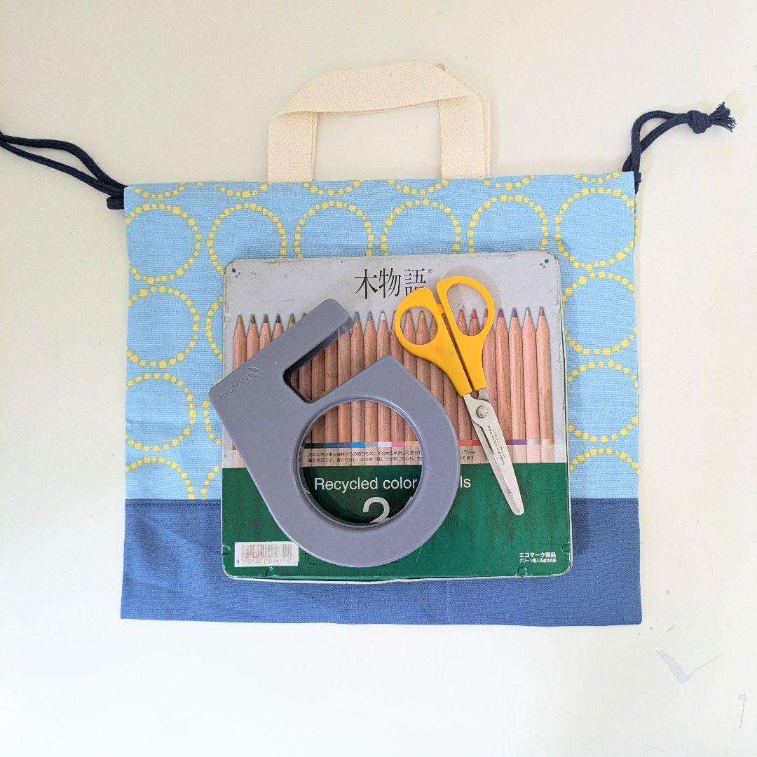 入園3点セット、道具袋、絵本袋　イエロー円柄水色×スモーキーブルー　MIYOさん